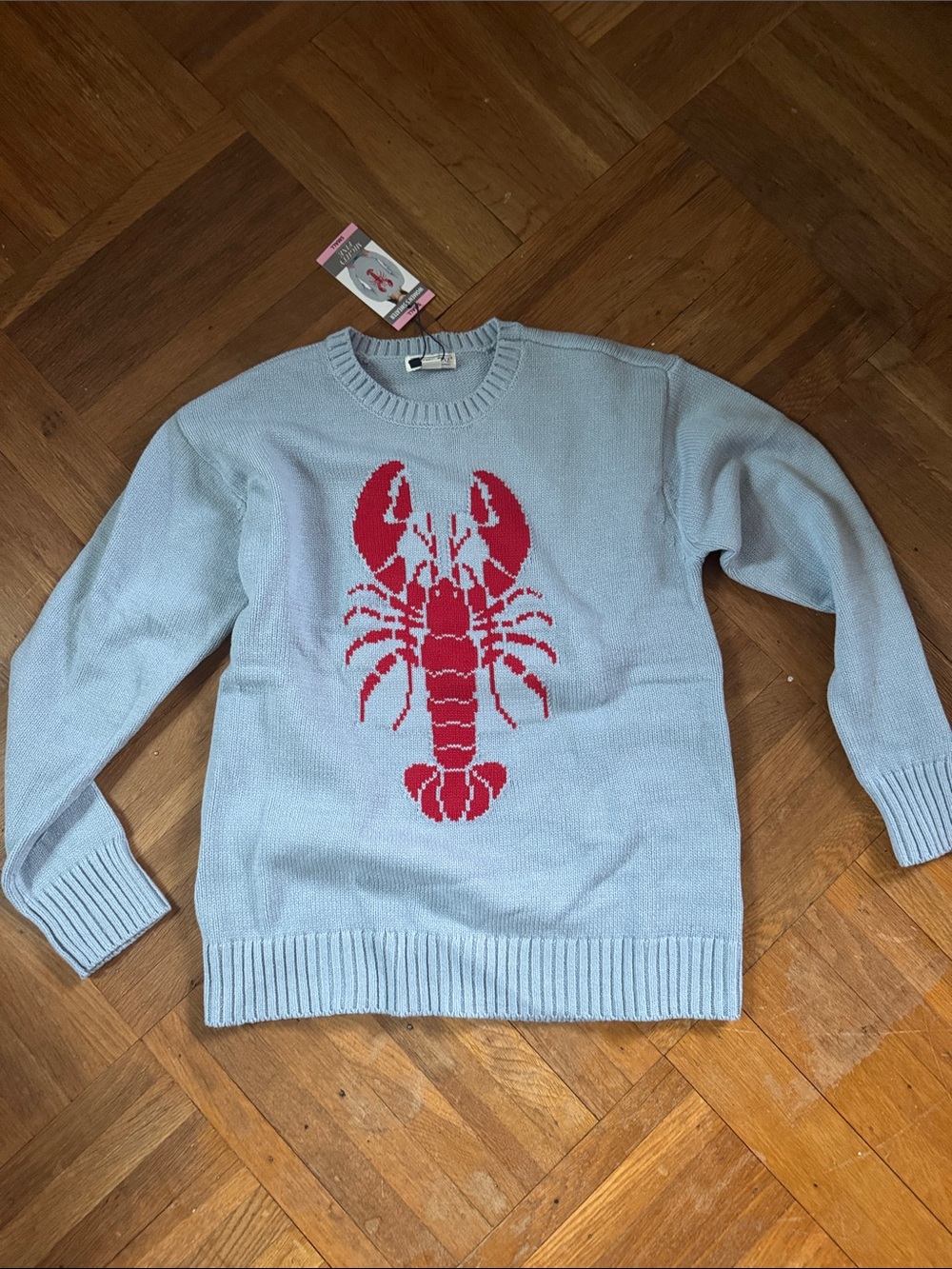 Light Blue women’s  Sweater with Red Lobster Motif